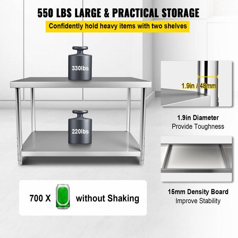 VEVOR 48" Stainless Steel Heavy Duty Work Table with Adjustable Shelf