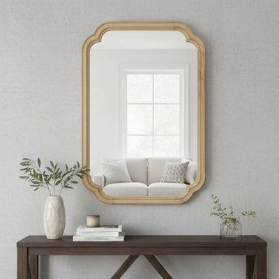 Miroir de coin rond en bois massif naturel 24 po x 36 po pour chambre à coucher, salle de bain, salon et entrée