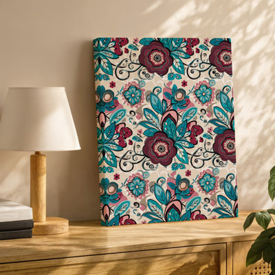 La toile crée un motif floral vibrant et complexe avec une variété d'art mural de feuilles de fleurs stylisées et de vignes tourbillonnantes