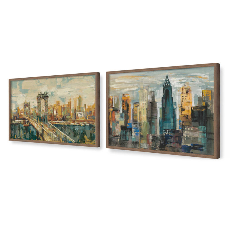 Ensemble de 2 impressions City Skylines, 48 po x 32 po, Impression encadrée, Noyer