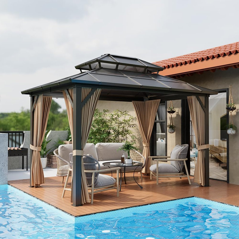 Pavillon de jardin à toit rigide résistant aux intempéries, structure en aluminium robuste avec double toit en polycarbonate et colonnes en fer galvanisé