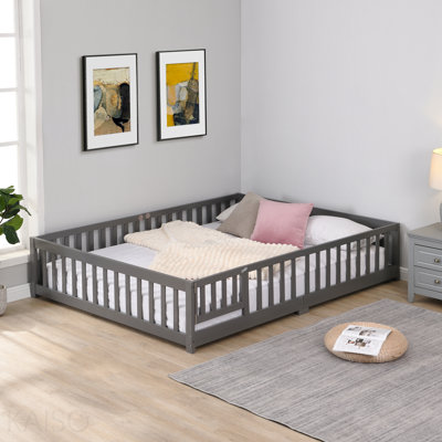 Twin Size Floor Bed with Door,Solid Wood Platform Bed Frame with Fence,Suitable for children,Pine Wood,Grey