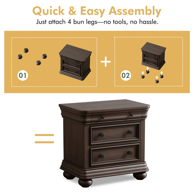 26" Wide Classic Solid Wood 3-drawer Nightstand, Coffee Brown, Coffee Brown