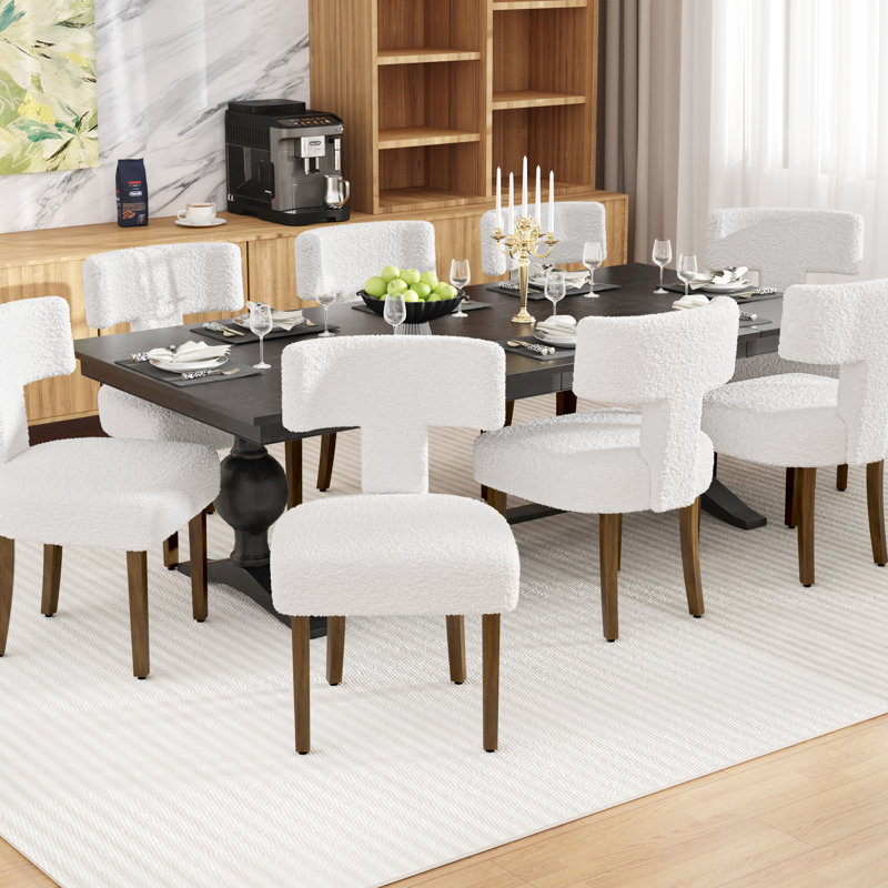 Boucle Fabric Lamb Upholstered Armless Dining Chairs Side Chairs (Set of 8), Beige
