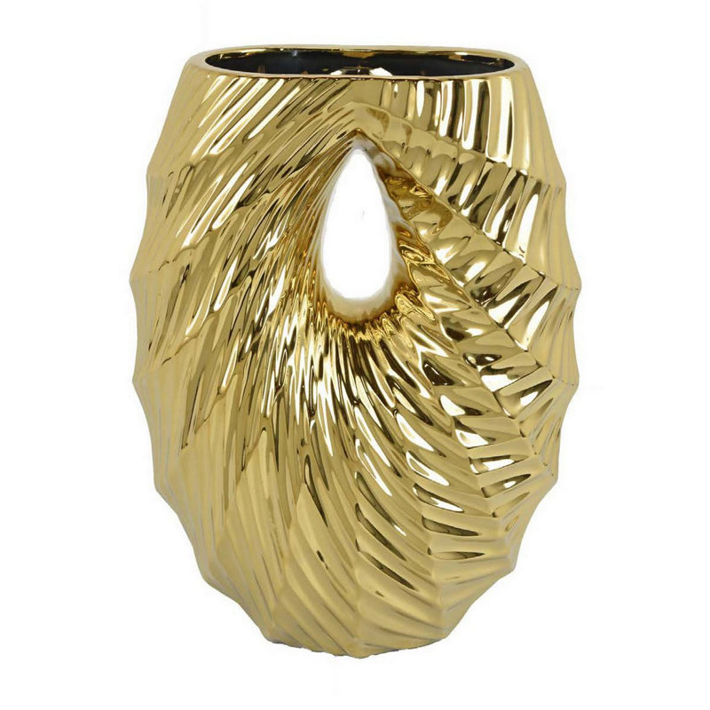 Vase décoratif, corps en céramique en forme de U de 16 pouces, motif géométrique doré