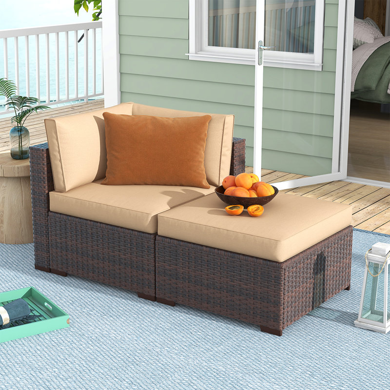 Wicker Outdoor Lounge Chair with Ottoman, Beige Cushion/Brown Frame