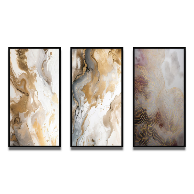 «Gold and Gray Abstracted Line Artistry», 3 pièces sur toile, Cadre flottant noir, H 28 po x l 36 po