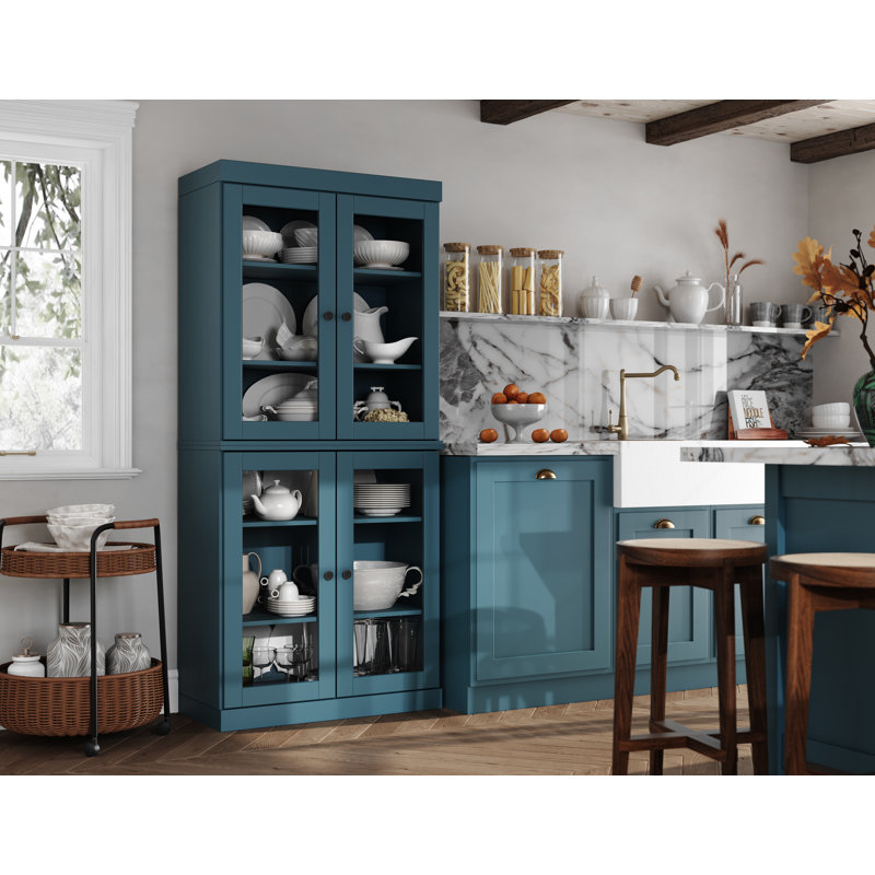 Garde-manger 32 po Kaniesha en bois massif avec portes en verre transparent et tablettes réglables, Sarcelle