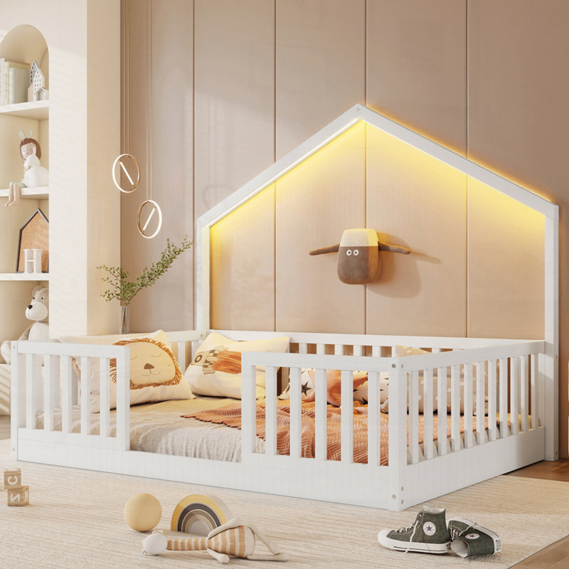 Lit sur pied avec rails hauts, lit Montessori en bois avec lumière, Blanc, Lit double