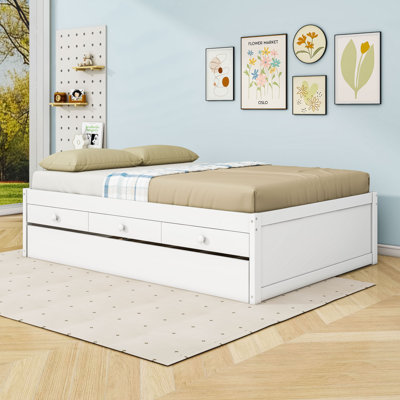 Wood Platform Bed with Pull-Out Trundle and Storage Drawers