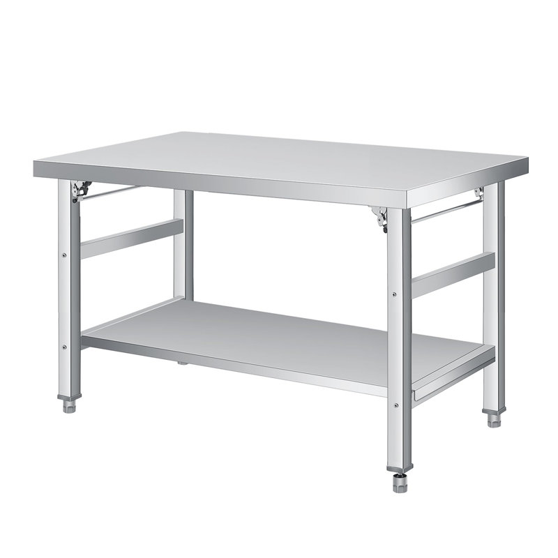 Table de salle à manger pliante robuste en acier inoxydable - Poste de travail portable à deux niveaux, tablette réglable, roulettes verrouillables, capacité de 920 lb, pour la cuisine, le restaurant et le garage - sans roues
