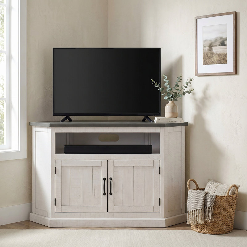 Meuble télé d'angle coin en bois massif 50 po avec rangement Kinsella, Gris / blanc