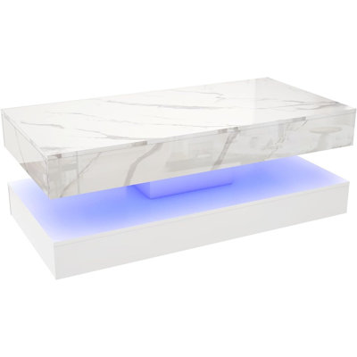 High-Gloss LED Coffee Table With Marble-Style Finish And Dual Sliding Drawers,White – Single Table / Engineered Wood & Acrylic / Modern LED