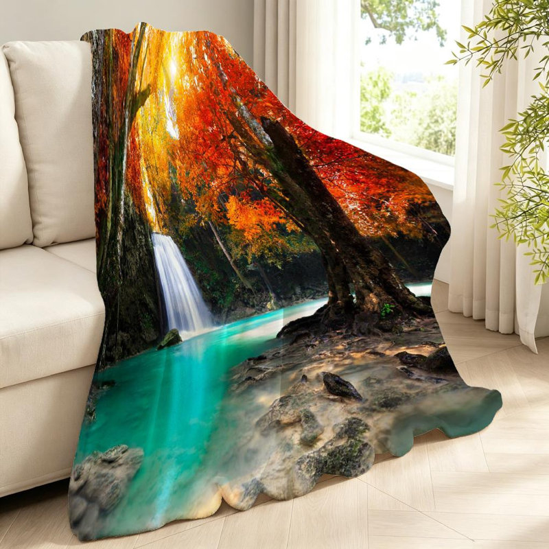 Jeté en flanelle verte molletonnée ultra douce, imprimé paysage d'un côté, Throw 40" x 50"