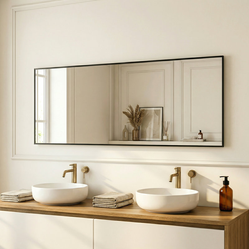 59" x 16" Aluminum Alloy Full Length Mirror, Rectangle Wall or Floor Standing Mirror with Stand, 59" x 16", Black, Rectangle