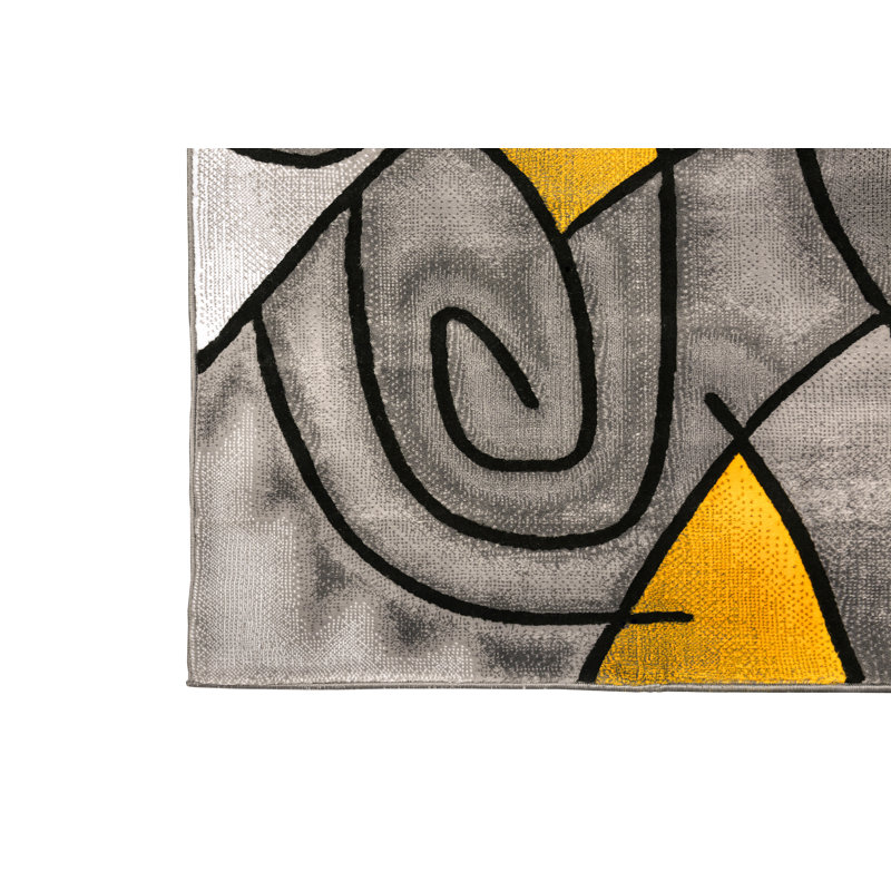 Tapis abstrait gris anthracite / jaune Mahle, Rectangulaire 5 pi x 7,2 pi