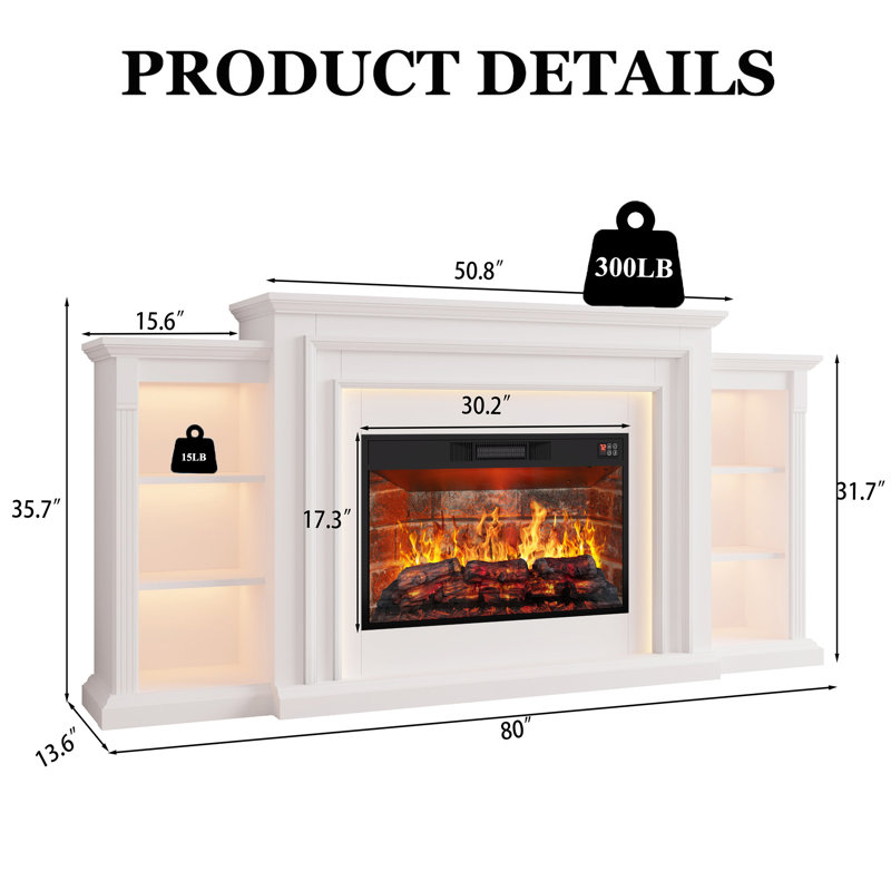 80"W Led Light Fireplace Tv Stand With Electric Insert –Media Console For Tvs Up To 90 Inches, White/Brick