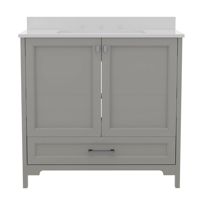 Meuble-lavabo de salle de bain avec lavabo encastré, armoire et tiroir, Nickel, Gris