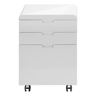 Classeur de bureau mobile blanc brillant, 3 rangements, support d'imprimante contemporain avec roulettes et décoration en stratifié