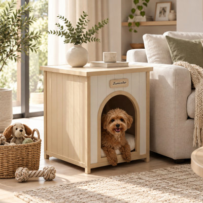 Niche pour chien en bois massif avec coussin et plateau latéral