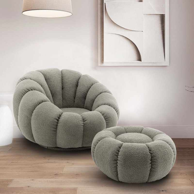 Mirielle Perse Teddy Boucle Swivel Accent Chair with Footstool, Green