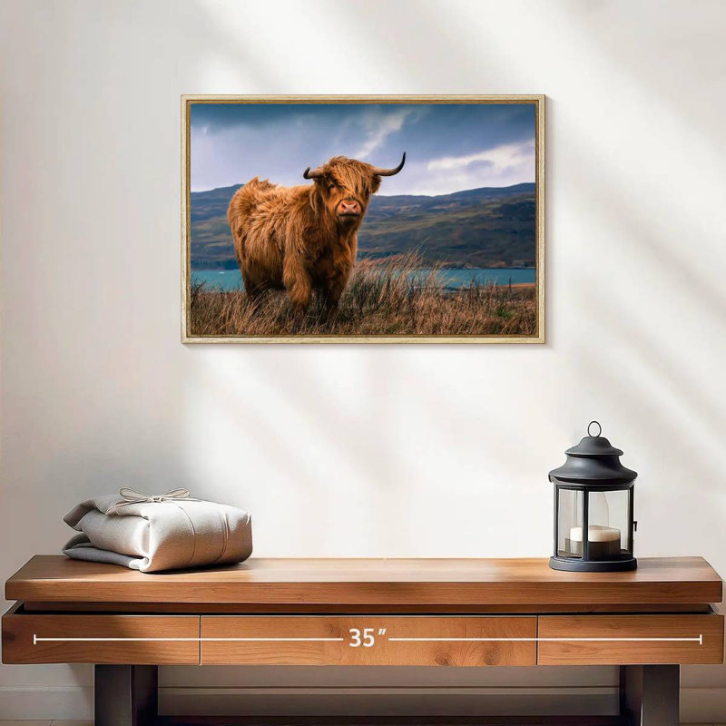 Grande vache Highland, Cadre flottant en bois naturel, 19 po x 13 po
