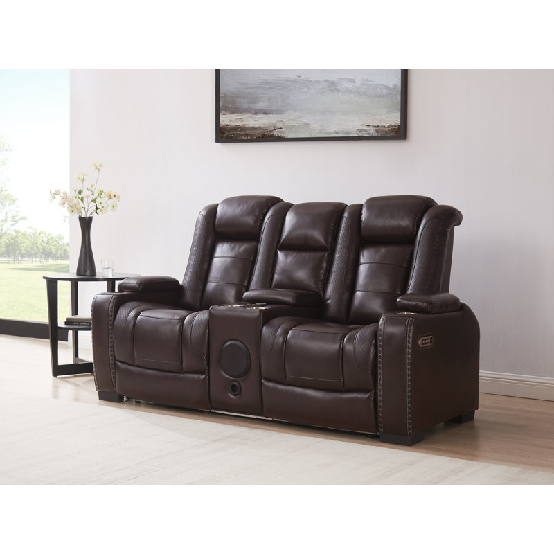 73.5''Wide Breathable Leather Square Arms Power Reclining Loveseat With Blueooth Speeker And Wireless Charger