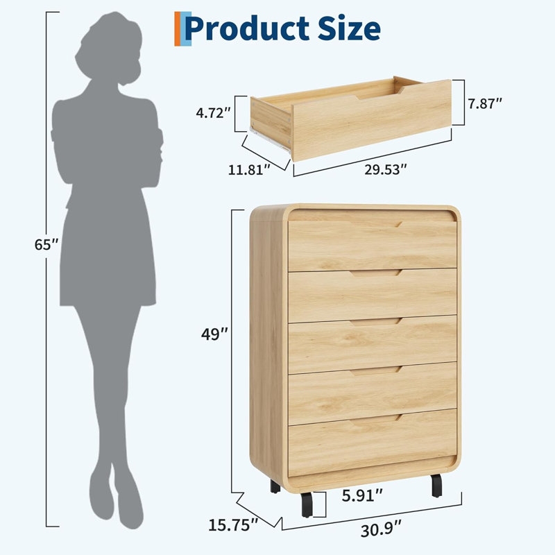 Comfortable Bedroom with 5 Drawers for Bedroom, Nursery, Living Room,Hallway, Tan