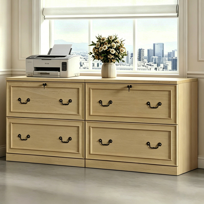 2-Drawer Wood File Cabinet With Lock, Lateral Filing Cabinet For Printer Stand, Natural