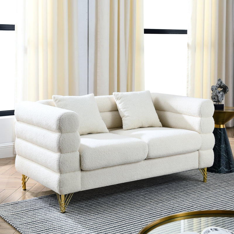 Canapé d'angle blanc 2 places 152 cm (60 po), tissu confortable, assise profonde, coussins, style moderne et épuré, structure robuste, assise moelleuse, soutien lombaire