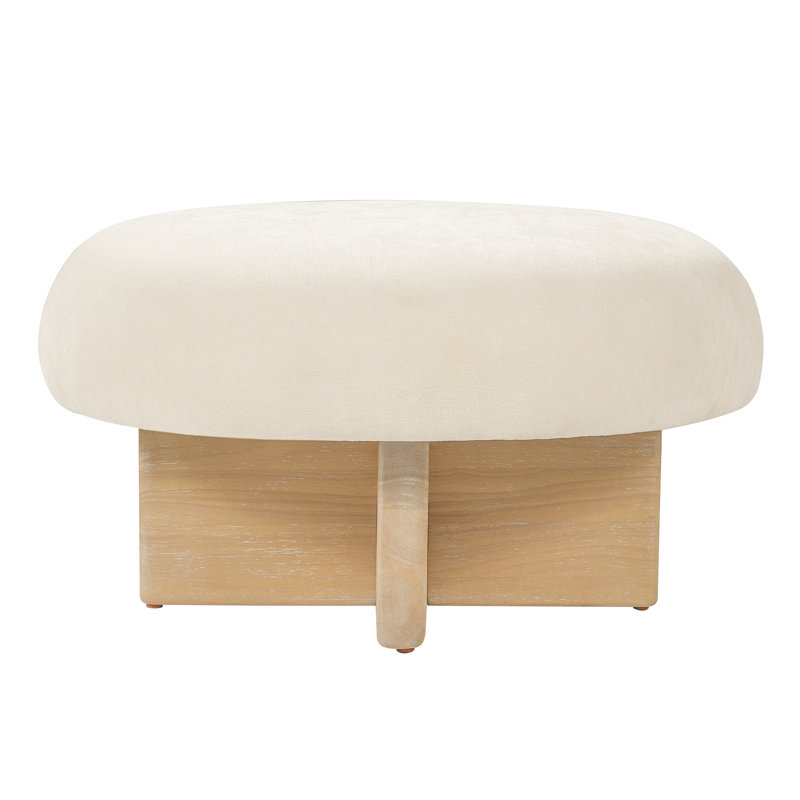 Repose-pieds rond en chenille avec base en bois d'hévéa Layla, Beige/Natural, 1