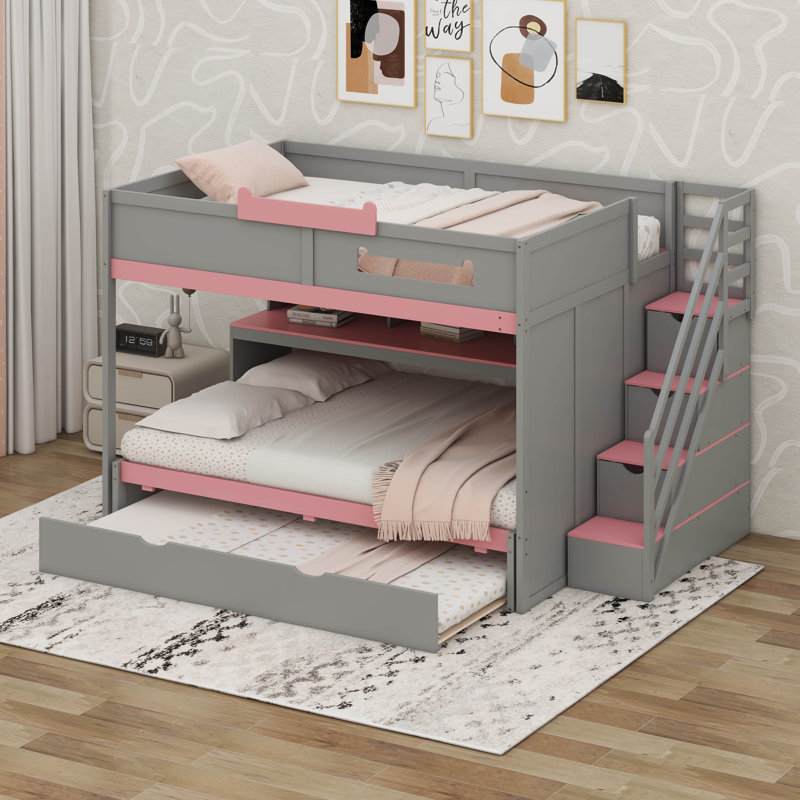 Full Over Full Bunk Bed With Trundle And Stairs, Wooden Stairway Bunk Bed With Storage Shelves And LED, Gray