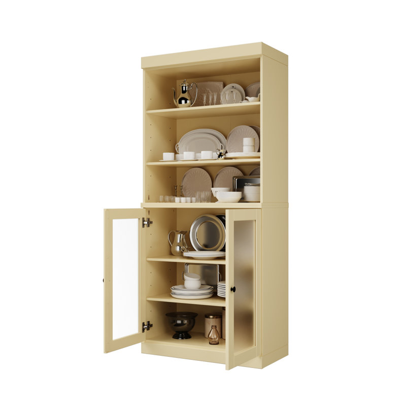 100% Solid Wood 32" Pantry Cabinet with Frosted Glass Doors, Yellow