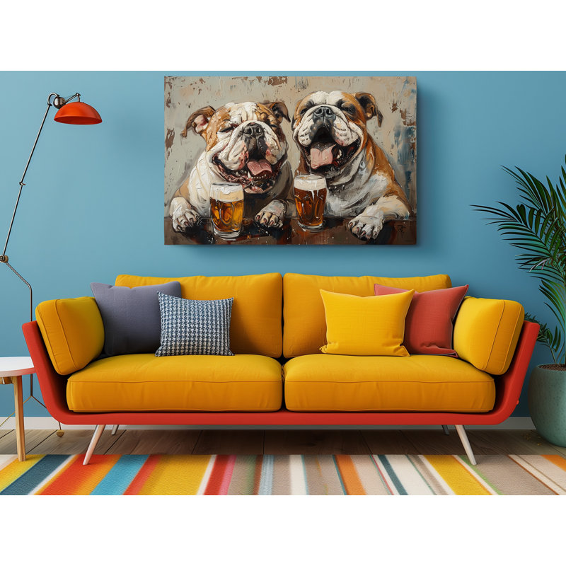 «Deux bouledogue avec bière», impression d'art mural moderne pour la maison et le bureau, H 24 po x l 36 po