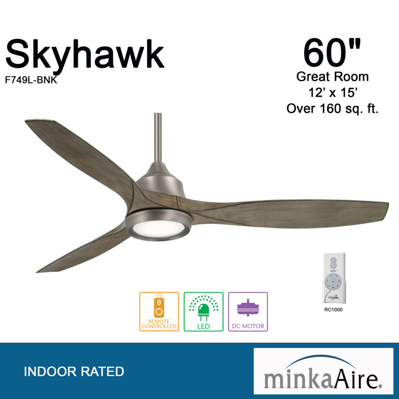 60" Sky Hawk 3 -Blade LED Standard Ceiling Fan with Remote Control and Light Kit Included, Burnished Nickel