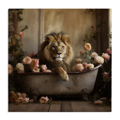 "Lion dans une baignoire remplie de fleurs" par Lazar Studio - impression sur toile tendue
