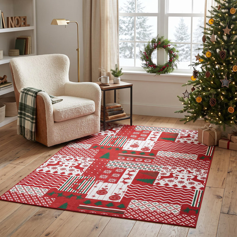 Tapis de Noël en patchwork avec rennes et flocons de neige, 5X7 FT