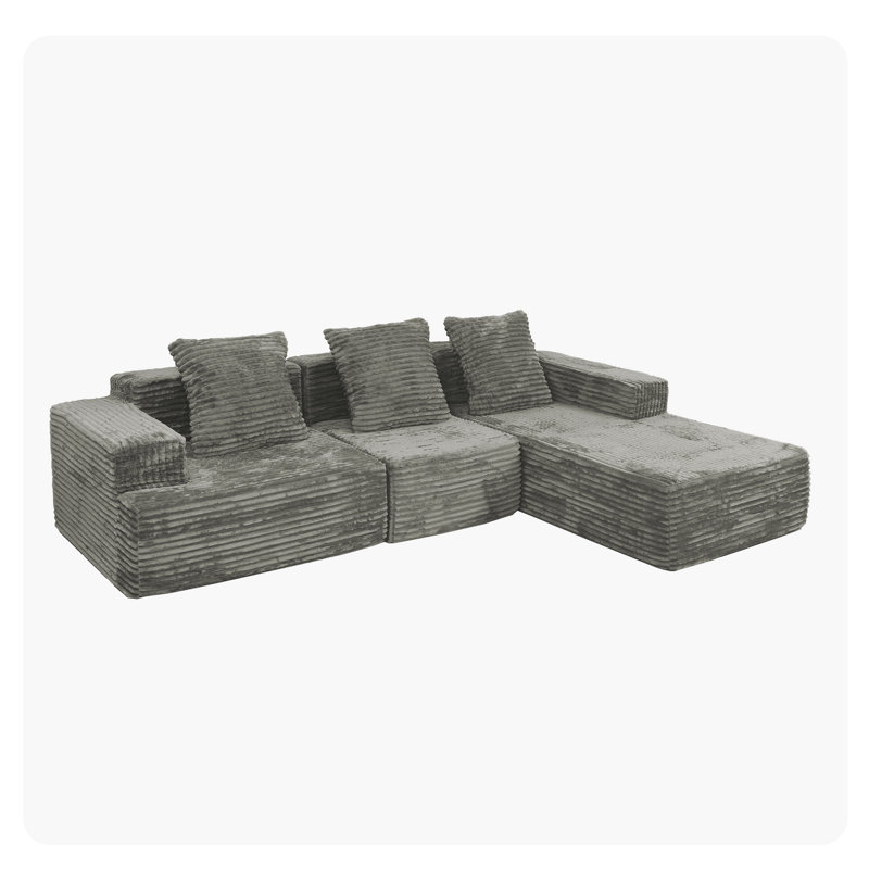 Modular Sleeper Compression Sectional Boneless L Shape With Comfy Chaise And Deep Seat, For Living Room Apartment Bedroom Lounge, Antique Grey Corduroy, 3 Medium - Firm Seat Plushness, American