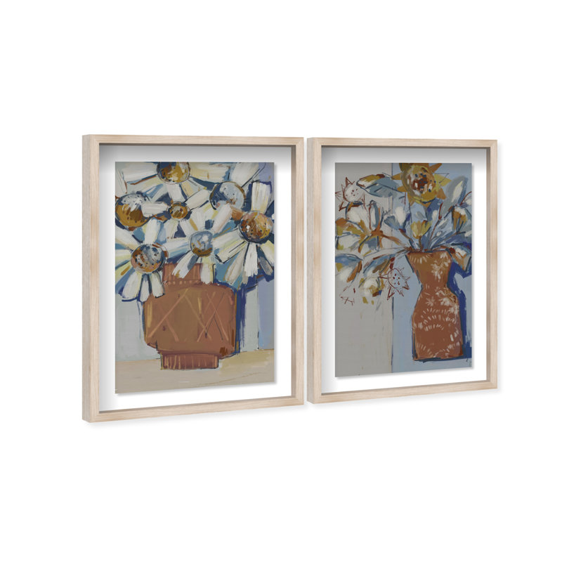 Abstract Flowers Set Shadowbox Abstract Print by Oliver Gal, Black Frame, 10 x 15, 31" H x 21" W, Natural Oak Shadowbox
