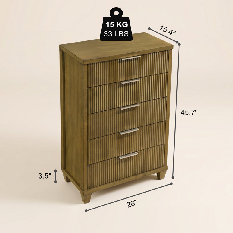 Aurelin Mid-Century Modern 28.7"W 5 Drawer Chest, Antique Oak