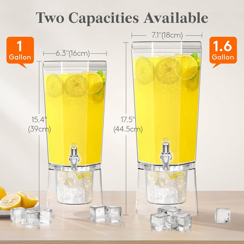 Distributeur de boisson de 1 gallon pour les fêtes 2 pièces, contenant en plastique de 4 litres avec support pour jus / thé / soda et limonade, pichet à eau transparente avec robinet pour bar Mimosa de 39 x 16 cm / 15 x 6 po