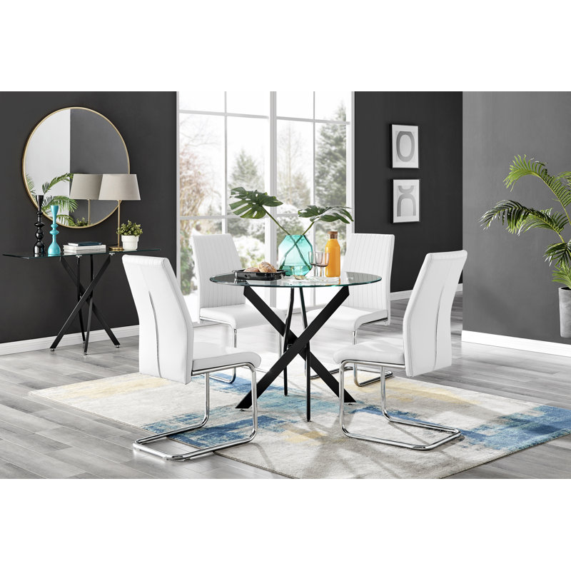 Tierra Sleek Metal and Glass 4 Seat Round Dining Table Set with 4 Luxury Faux Leather Dining Chairs, White