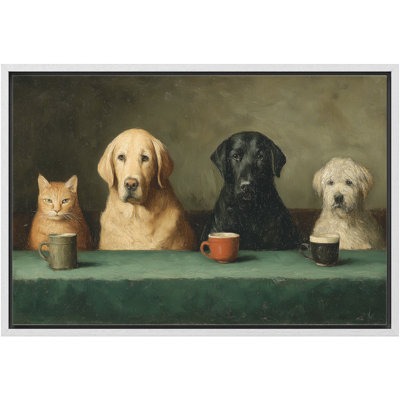 Classic Animal Portrait Dogs and Cat Sitting at Table with Coffee Cups Vintage Style Framed Canvas Master Bedroom Wall Art Work Print