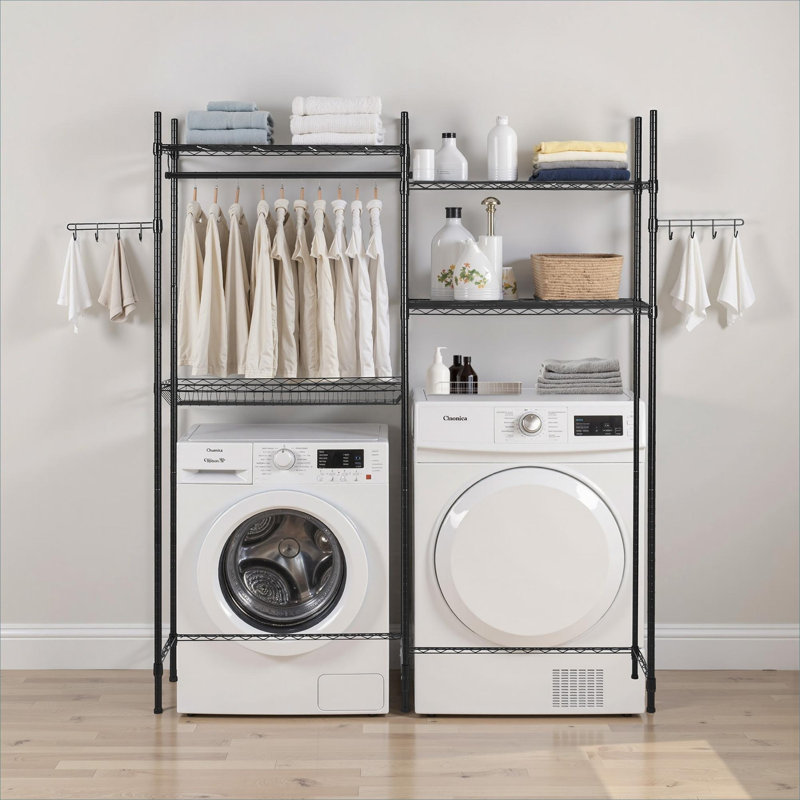 Étagère de rangement réglable à 4 niveaux, organisateur de rangement pour la salle de lavage avec barre de suspension et crochets
