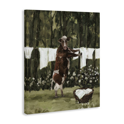 «Brown Cow Doing Laundry», art mural sur toile par échelle blanche