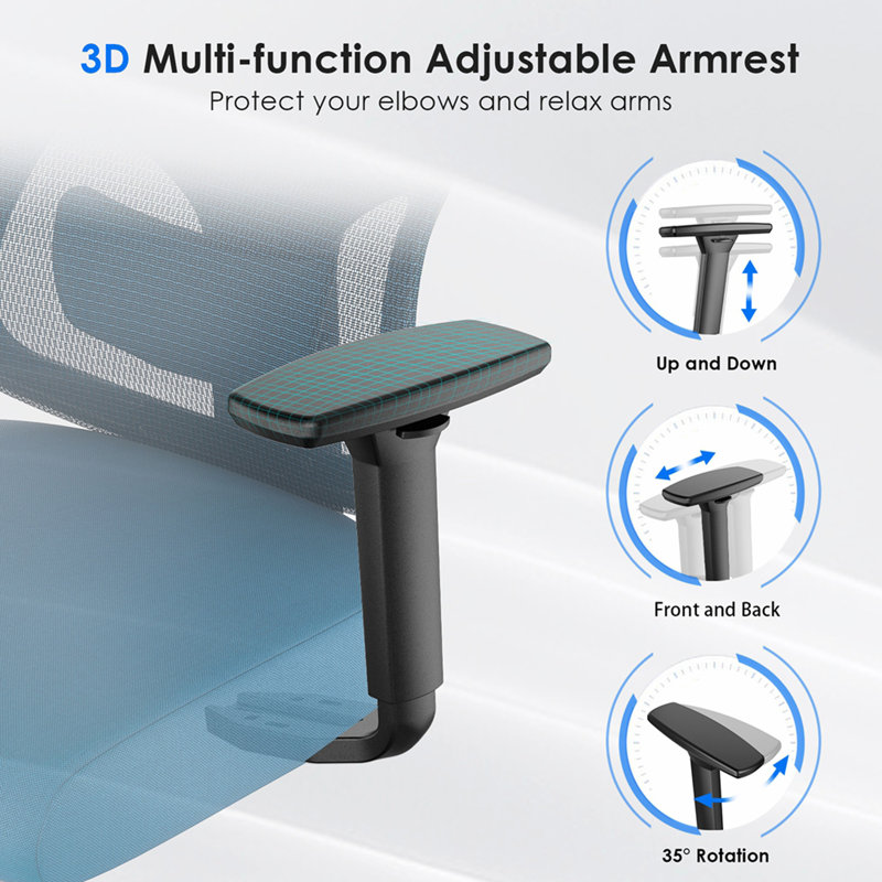 Chaise de bureau ergonomique, chaise de bureau en filet avec support lombaire réglable et appui-tête, chaise d'ordinateur confortable avec fauteuil pivotant inclinable 3D pour la maison, le bureau, la salle d'étude, noir et bleu marine