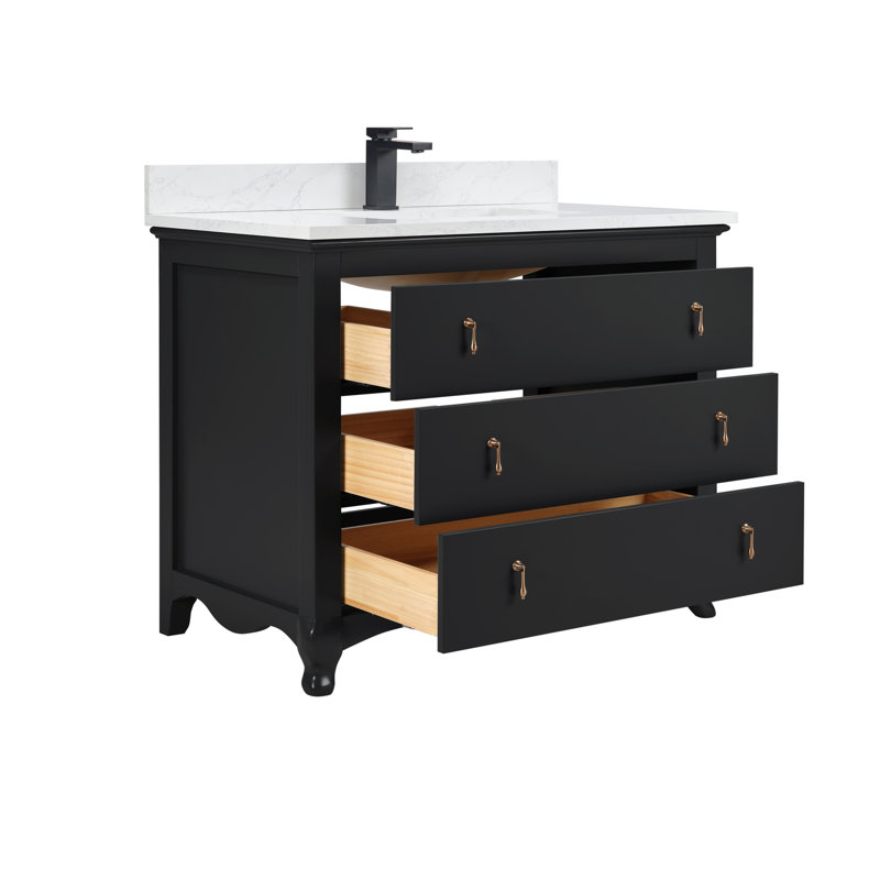 42" Solid Wood Bathroom Vanity with 1" Engineered Marble Top, Single Sink, Tricon Black