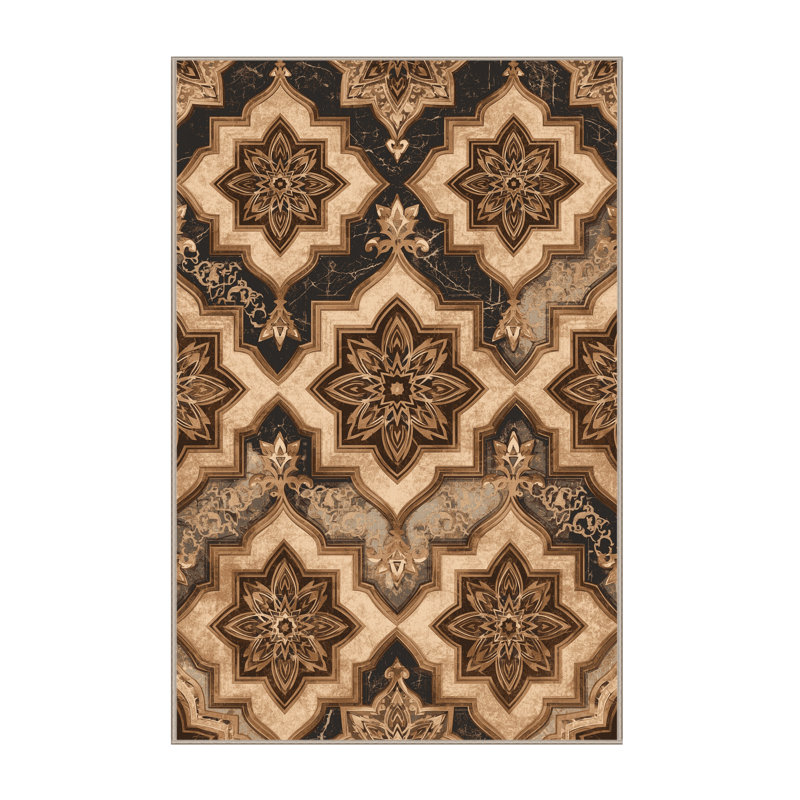 Tapis marocain orné de couleurs glamour lavables à la machine en brun - reliure beige, 2x4