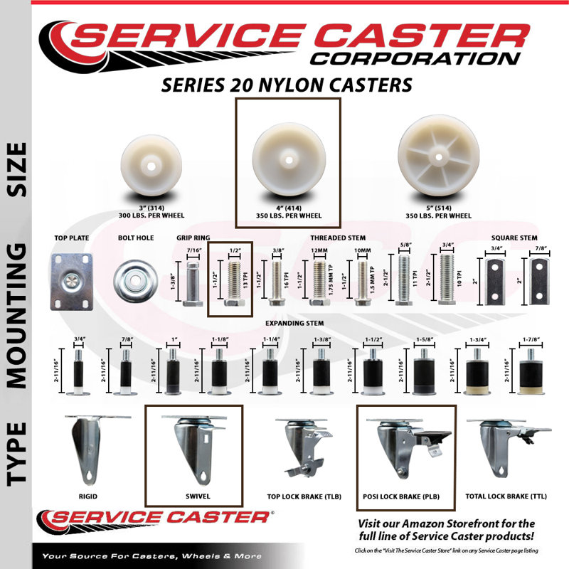 4 Inch_Nylon ½ Inch Threaded Stem Caster Set 2 Brakes SCC