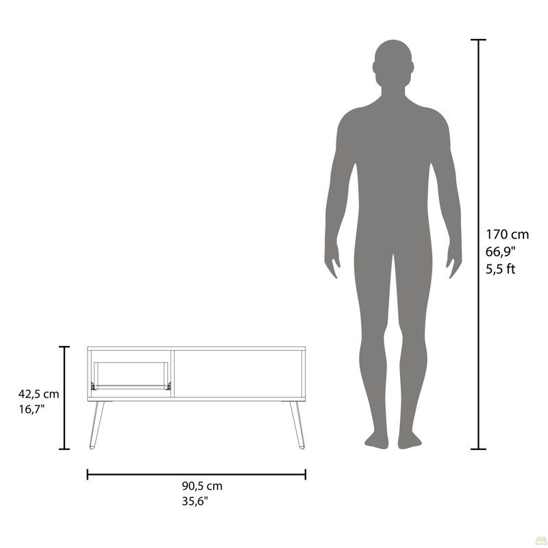 Table basse Basset, 1 tiroir, 1 tablette, 4 pieds